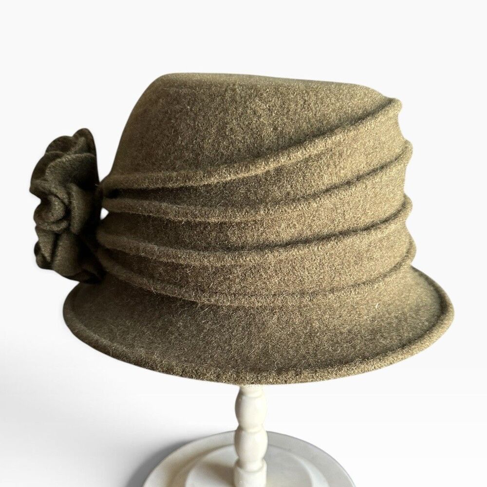 Vintage Scala Collezione Wool Cloche Hat Sage Green Ruffle Flower Winter Cap